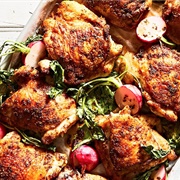Shawarma-Spiced Chicken Thighs With Roasted Radishes