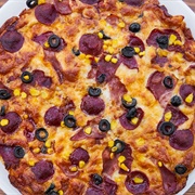 Vegan Salami Olive and Corn Pizza