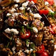 Roasted Eggplant With Tahini, Pine Nuts, and Lentils