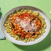 Italian Cannnellini and Tomato Stew With Pesto Bulgur and Italian Hard Cheese