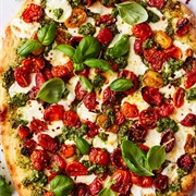 Pesto, Basil, Red Pepper, and Sundried Tomato Pizza