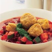 Fragrant Beetroot &amp; Vegetable Soup With Spiced Lamb Kubbeh
