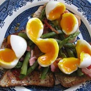 Guinea Hen Eggs, Ham, and Asparagus on Toast