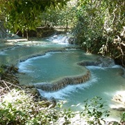 Swimming at Tat Kuang Si Waterfalls in Laos
