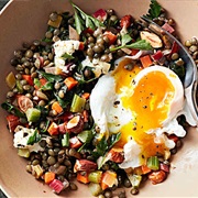 Poached Egg Roasted Veg and Lentil Salad