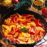Lecsó (Hungarian Dish Made of Stewed Onion, Tomato, Served by Scrambled Eggs, Rice, or 'Galuska'.)