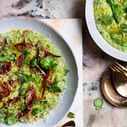 Pea Asparagus and Pancetta Risotto