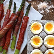 Guinea Fowl Eggs and Bacon-Wrapped Asparagus
