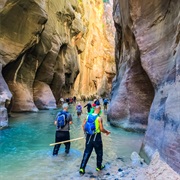 Hiking in the Narrows of Zion National Park, Utah