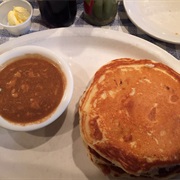 Banana Pancakes at Blue Plate Cafe With the Chunky Peanut Butter Syrup