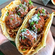 Spaghetti and Meatballs in a Taco Shell