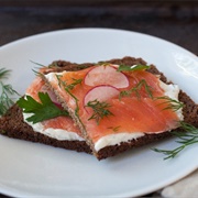 Smørrebrød (Smoked Salmon on Black Bread). Denmark