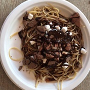 Spaghetti, Maple Syrup, Choc Syrup, Pop Tarts, Marshmallows for Breakfast