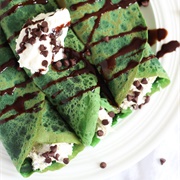 Green Velvet Crepes With Baileys Chocolate Chip Cheesecake Filling