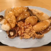 Chicken, Boiled Potatoes, Chestnut and Cranberry Stuffing, Cauliflower, Grilled Mushrooms and Aspara