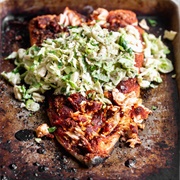 Barbecue Salmon and Brussels Sprouts Bake