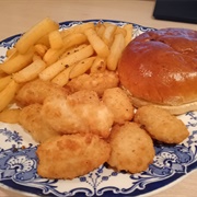 Scampi and Chips With a Buttered Bread Roll