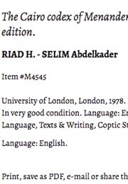 The Cairo Codex of Menander (P.Cair. J.43227) (Riad, H., and Selim, a El-Kadr (Photographics))