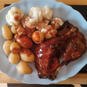 Duck Legs in Hoisin Sauce With Boiled Potatoes and Cauliflower