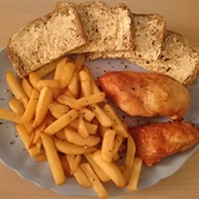 Grilled Chicken and Chips With Buttered Wholemeal, Seed and Grain Bread