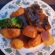Lamb Chops in Mint Sauce Gravy With Roast Parsnips, Potato and Brocolli