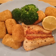 Salmon, Brocolli, Croquette Potatoes and Lemon