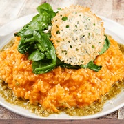 Tomato Spinaci Risotto With Parmesan Crisp