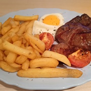 Rump Steak, Grilled Tomato, Fried Egg and Chips