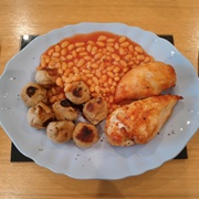 Grilled Chicken Breasts, Baked Beans, Battered Mushrooms