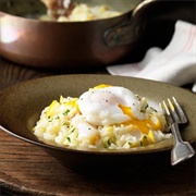 Smoked Cod Bacon and Poached Egg Risotto