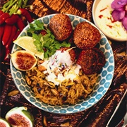 Falafel With Curried Rice, Figs and Vegan Sauce