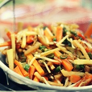 Wok Vegetables With Leek, Carrots,  Bean Sprouts and Bamboo