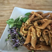 Rye Pasta With Vegan Cheese and Sprouts