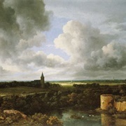 An Extensive Landscape With a Ruined Castle and a Village Church (Jacob Van Ruisdael)