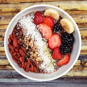 Strawberry Banana and Blackberry Bowl With Dried Fruit and Nuts