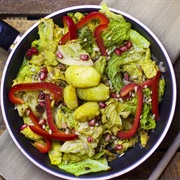 Fried Potatoes, Kale and Bell Pepper With Pomegranate and Sunflower Seeds