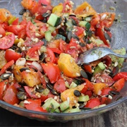 Tomato and Cucumber Salad With Sunflower Seendsand Pumpkin Seeds