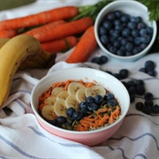 Banana Carrot and Blueberry Bowl With Pumkin Seeds and Hemp Seeds