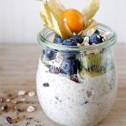 Vegan Chia Oat Porridge With Kiwi, Blueberries and Physalis