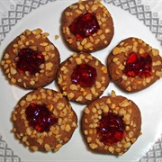 Vegan Peppermint Chocolate Thumbprint Cookies With Redcurrant Jelly and Hazelnut Brittle