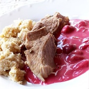Meat With Sour Cherry Sauce and Toasted Grits