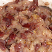 Vegan Rice Pudding With Cherries, Pears, Raisins, Dried Banana, Walnuts and Sunflower Seeds