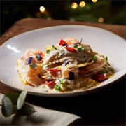 Crab and Lobster Ravioli With King Prawns