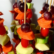 Fruit and Vegetable Skewers With Grapes, Cucumber, Tomatoes and Carrots