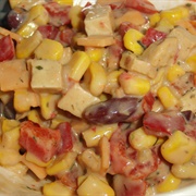 Bean Corn and Pepper Salad With Vegan Sausage and Vegan Cheese