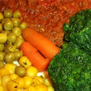 Peas, Corn, Carrots and Spinach With Tomato Sauce