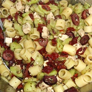 Vegan Greek Pasta Salad With Olives, Dried Tomato, Vegan Cheese and Cucumber