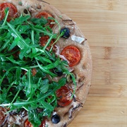Focaccia With Tomatoes, Olives and Arugula