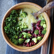 Vegan Potato Soup With Broccoli, Kidney Beans and Parsley