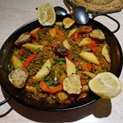 Vegan Paella With Egplant, Beans, Bell Pepper, Peas and Potatoes